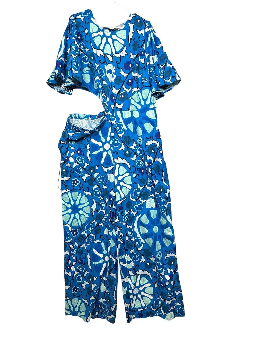 Rhode Jumpsuit Womens 1X Blue Floral Cutout Waist Short Sleeve Wide Leg Casual